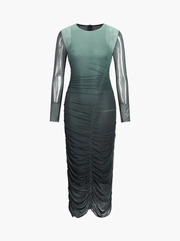Ombre Green Mesh Long Sleeve Ruched Midi Dress sold by COMMENSE