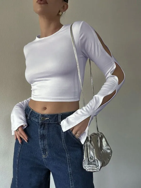 Cut Out Split Long Sleeve Crop Top sold by COMMENSE