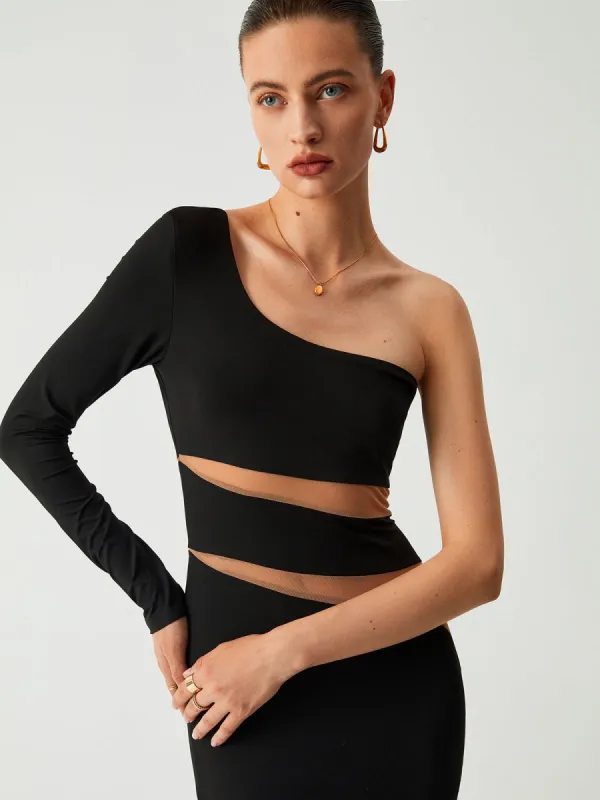 Asymmetric Mesh One Sleeve Midi Dress sold by COMMENSE