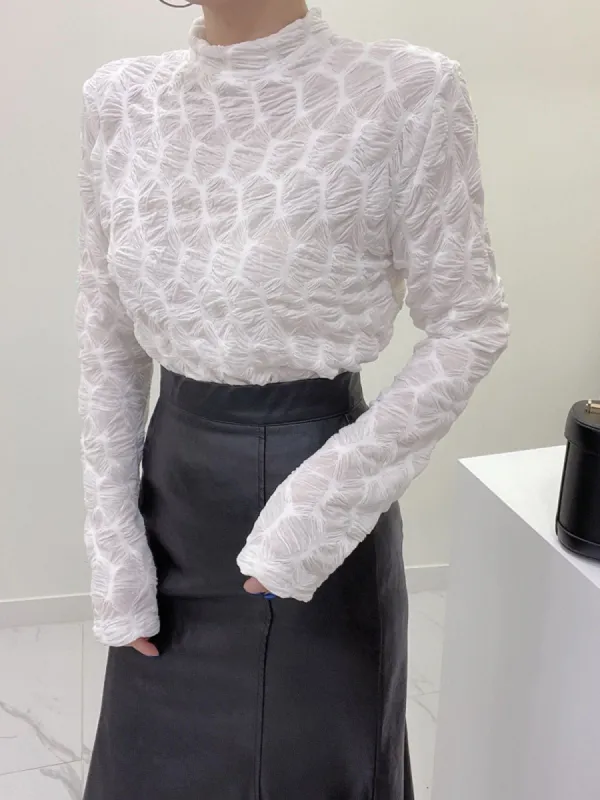 Asymmetric Geometric Ruched Mock Neck Long Sleeve Top sold by COMMENSE