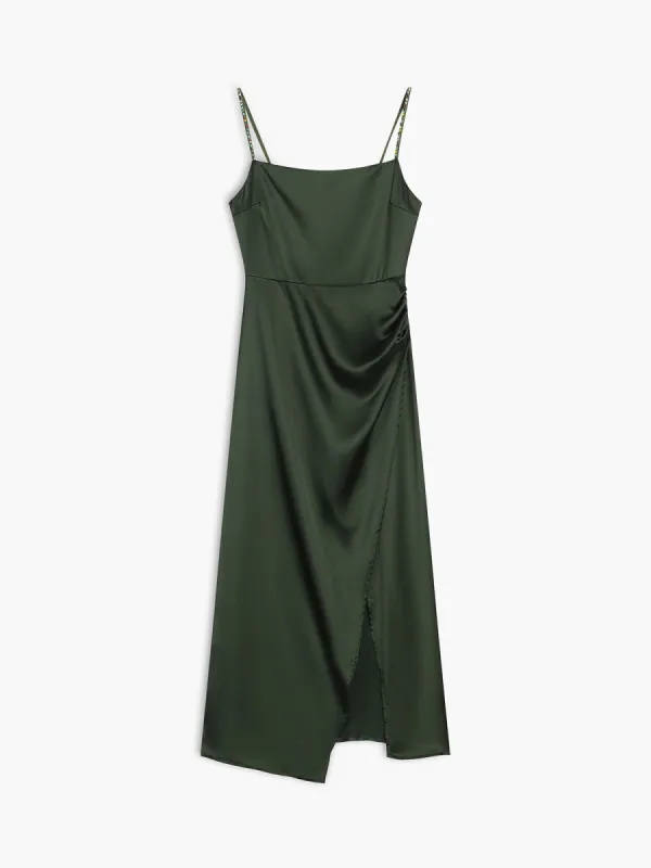 Emerald Green Satin Beaded Midi Dress sold by COMMENSE