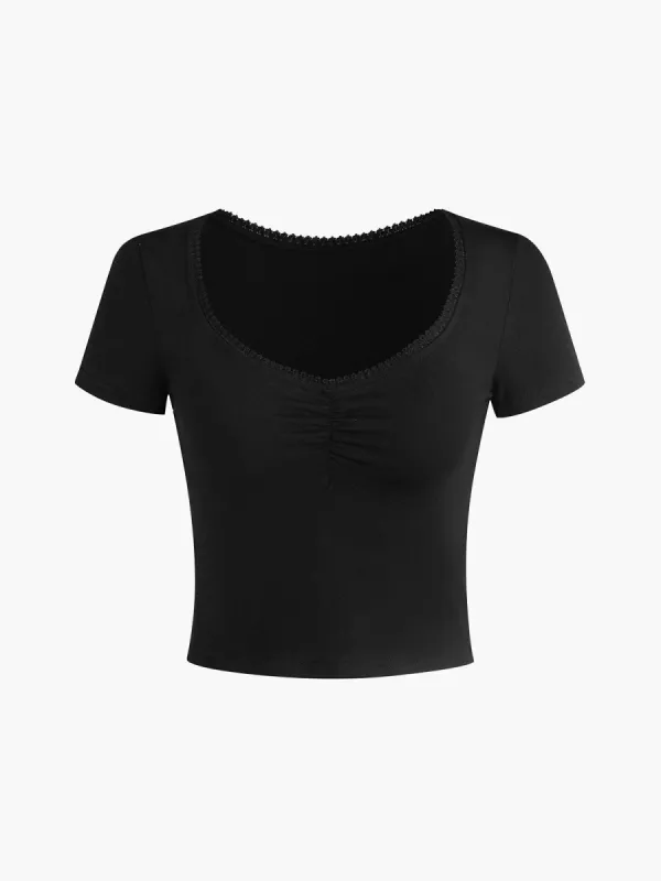 Floral Neckline Cap Sleeve Crop Top sold by COMMENSE