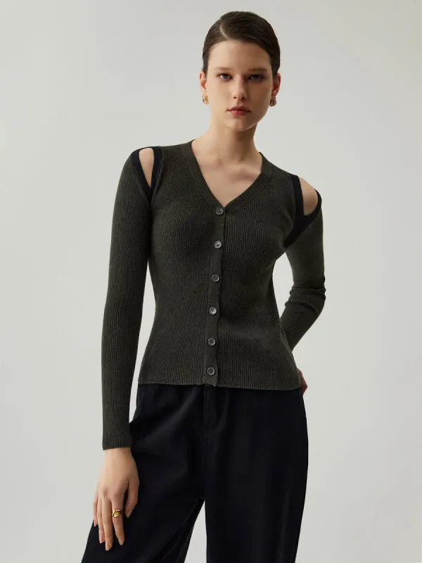 Knit Cut Out V-neck Button Cardigan sold by COMMENSE
