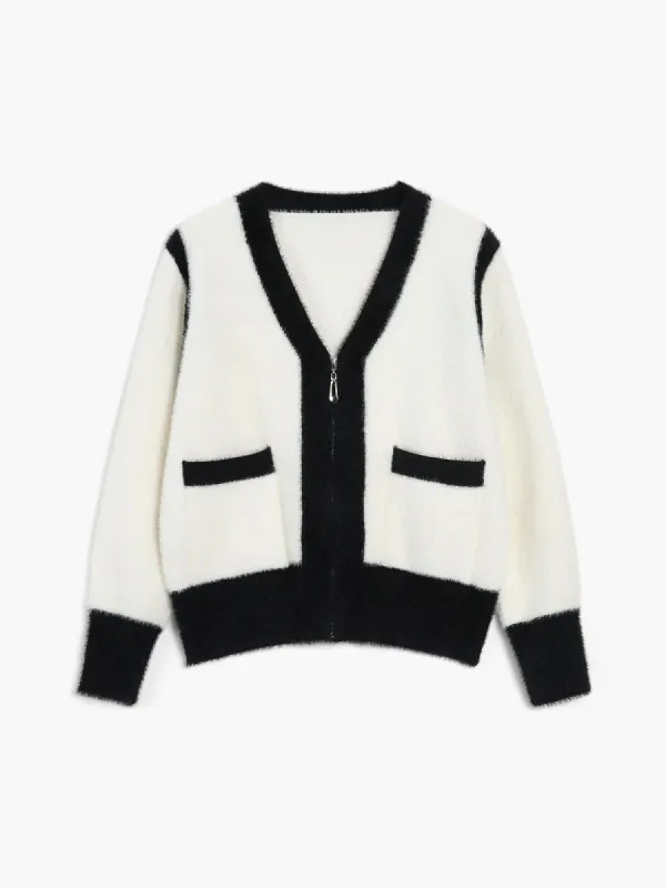 Fuzzy Contrast Trim Zippered Cardigan sold by COMMENSE