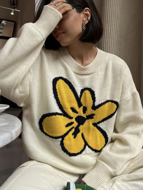 Floral Print Crew Neck Knit Sweater sold by COMMENSE