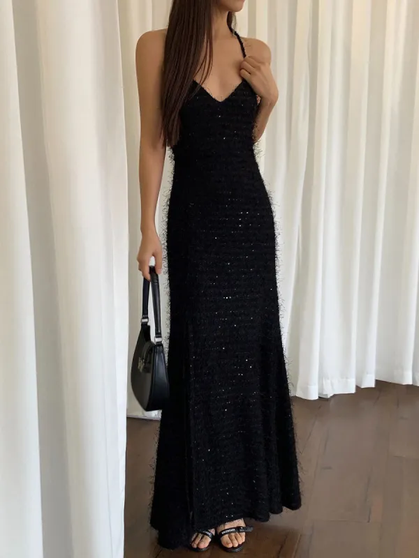 Sequined V-neck Halter Split Maxi Dress sold by COMMENSE
