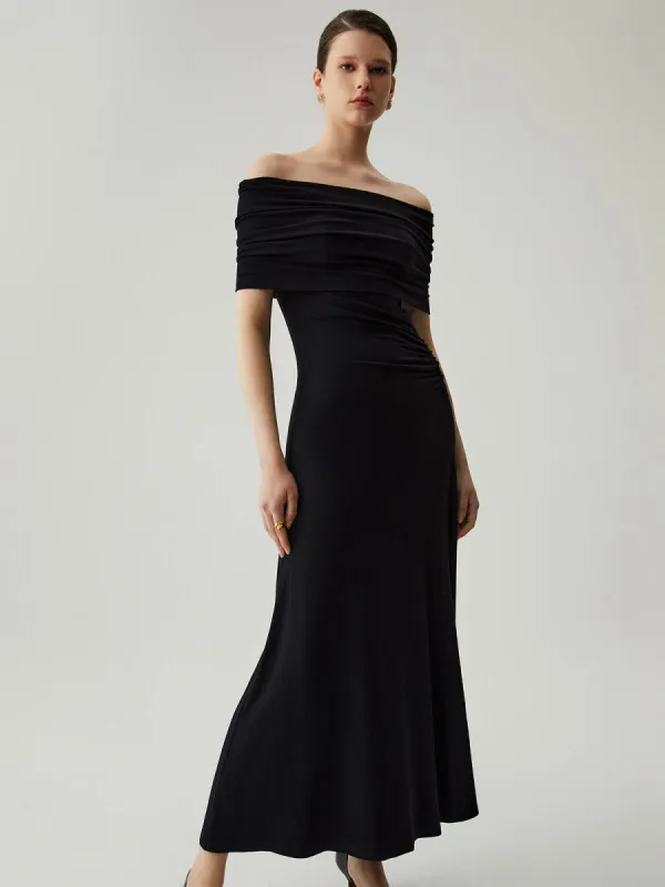 Ruched Overfold Off Shoulder Pleated Midi Dress sold by COMMENSE