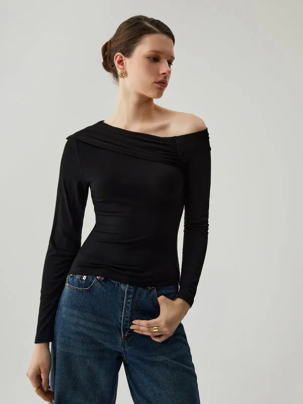 Asymmetrical Neck Ruched Long Sleeve Top sold by COMMENSE