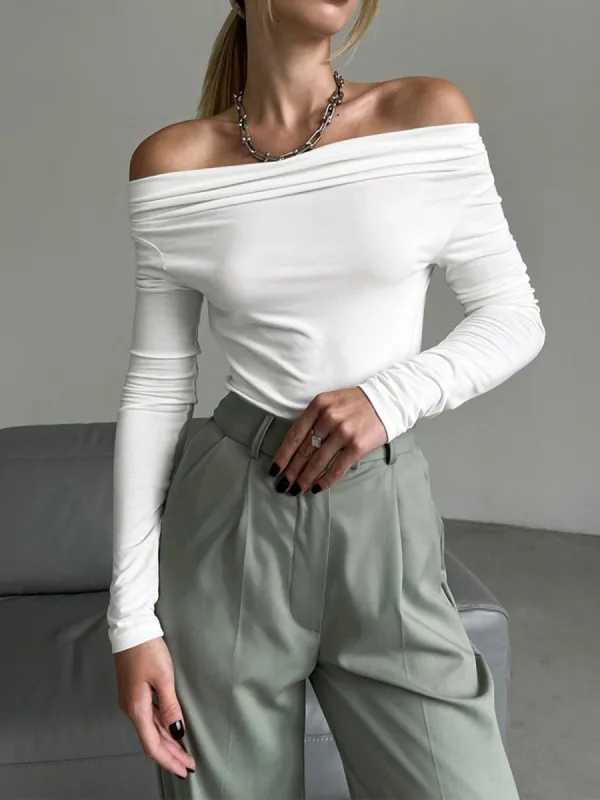 Off Shoulder Ruched Long Sleeve Top sold by COMMENSE