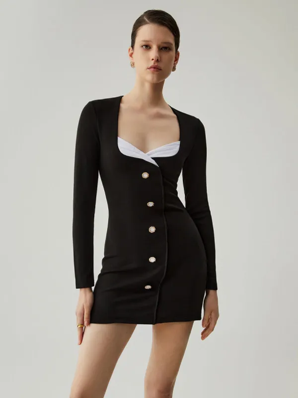Bodycon Square Neck Contrast Trim Buttoned Mini Dress sold by COMMENSE