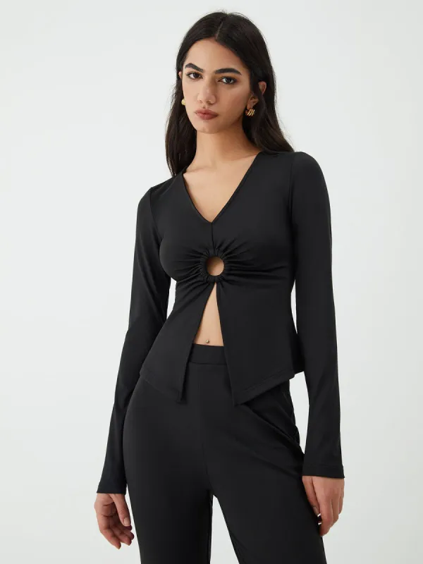 Circle Cutout Long Sleeve Blouse sold by COMMENSE