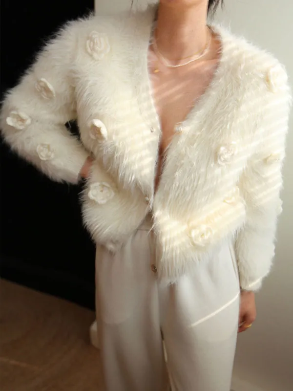 Floral Decor Fuzzy Button Cardigan sold by COMMENSE
