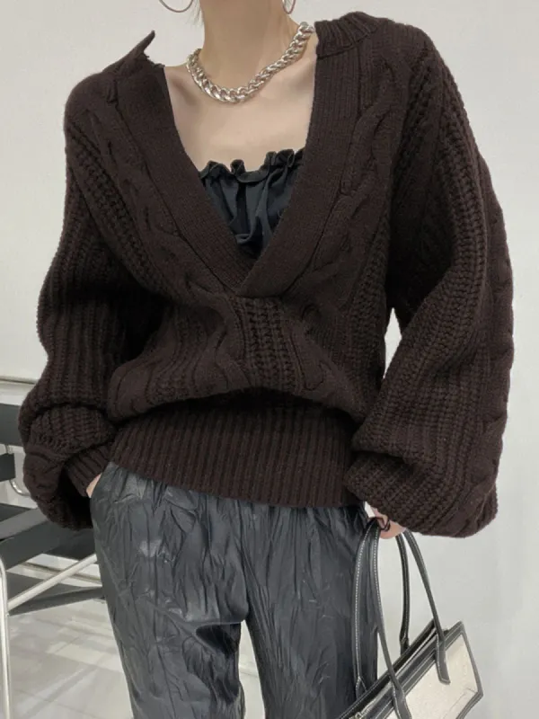 Asymmetrical Cable Knit Long Sleeve Sweater sold by COMMENSE