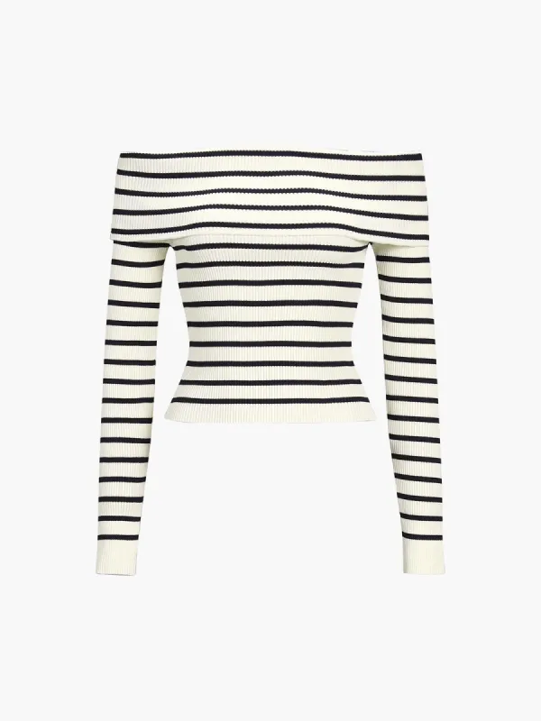 Overfold Off-Shoulder Stripe Long Sleeve Shirt sold by COMMENSE