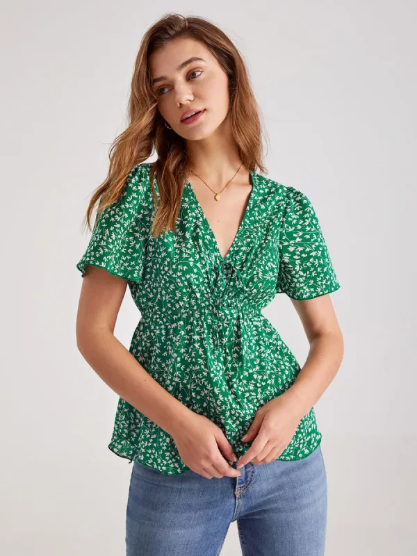V-Neck Floral Ruche Short Sleeve Top sold by COMMENSE