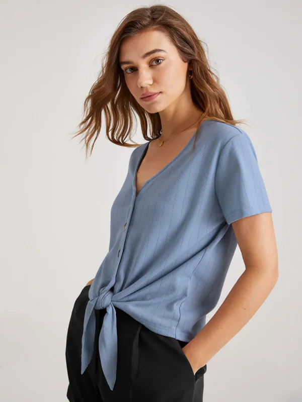 V-Neck Tie Front Button Top sold by COMMENSE
