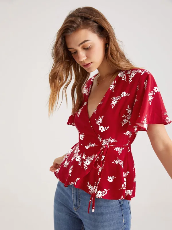 V-Neck Floral Wrap Tie Top sold by COMMENSE