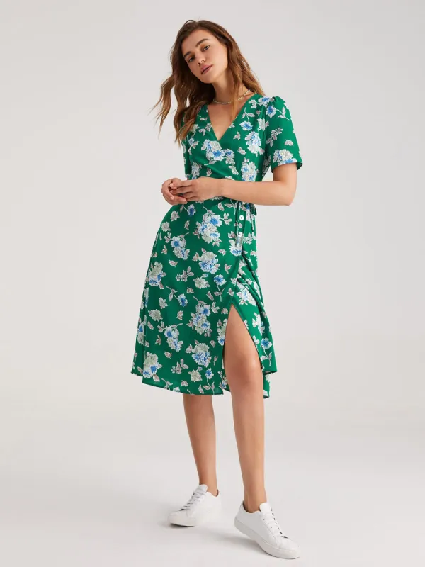 Short Sleeve Floral Contrast Midi Slit Dress sold by COMMENSE