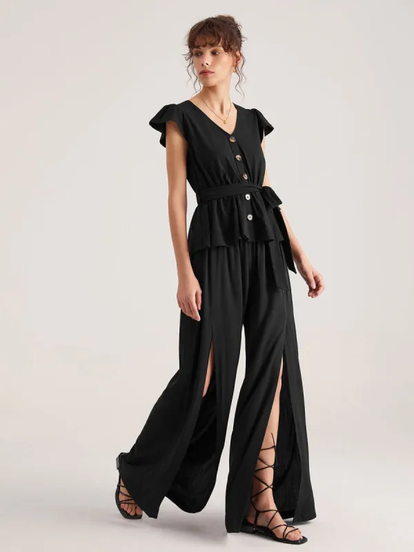 Cap Sleeve Plain Button V Neck Top sold by COMMENSE