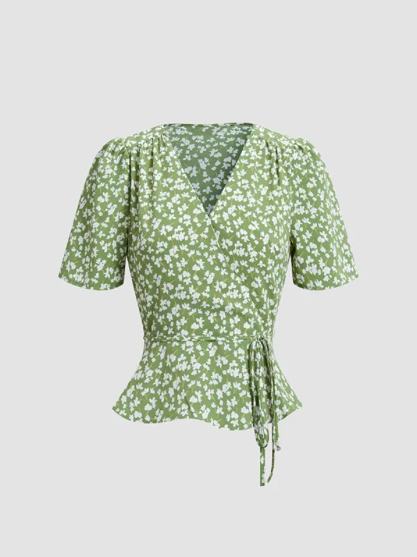 Floral Shoulder Pleat Wrap Top sold by COMMENSE