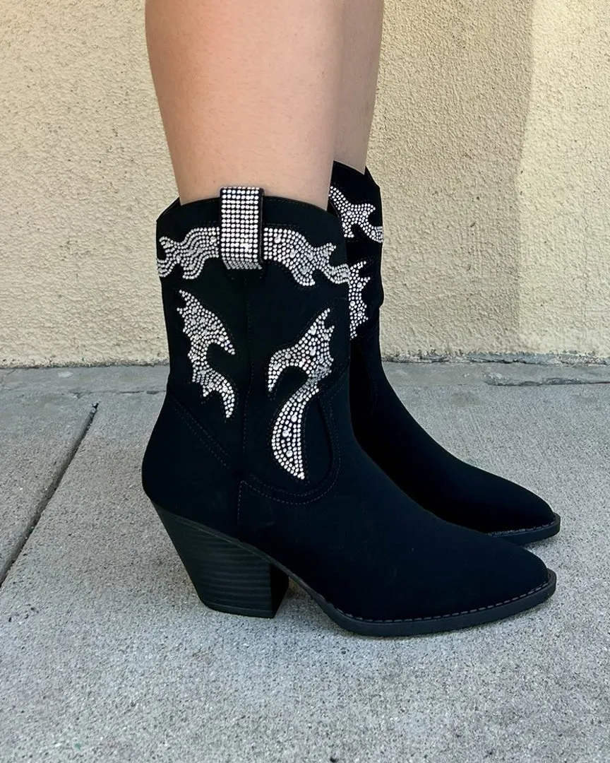 Starlight Black Rhinestone Western Cowboy Pointed Toe Ankle Boots sold by Cindy Jane Boutique