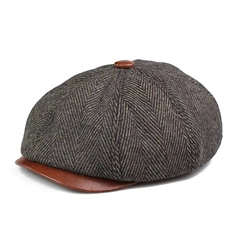 Wayne Herringbone Wool & Leather Newsboy Cap made by Ghelter