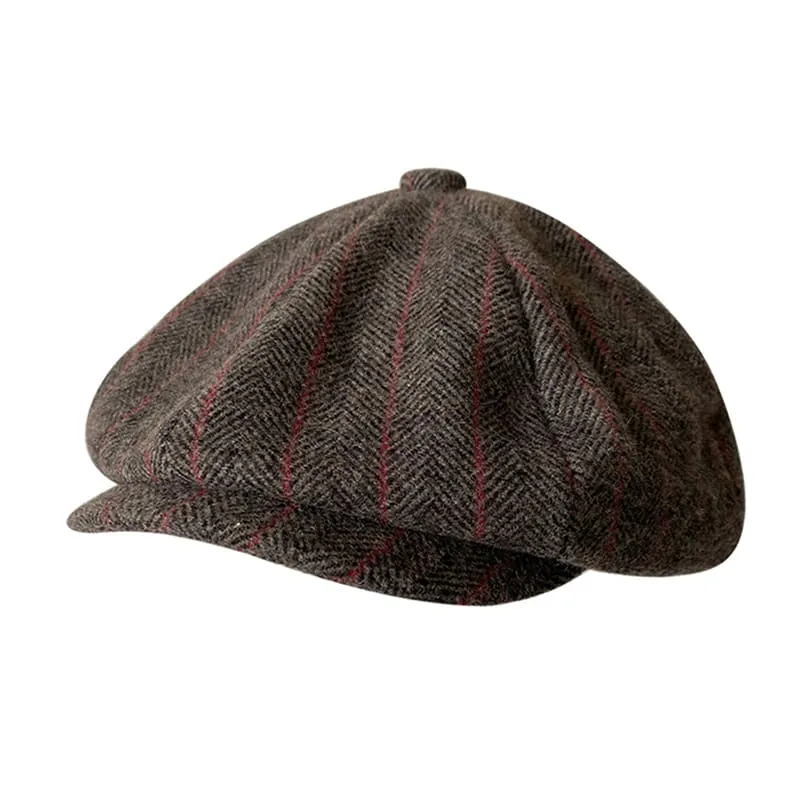 Brown Herringbone & Striped Wool Newsboy Cap made by Ghelter