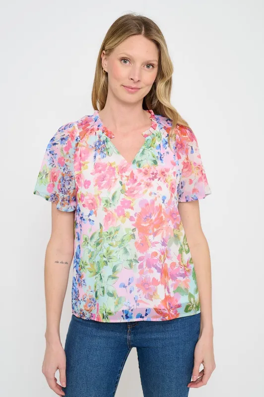 Amara Flutter Sleeve V Neck Floral Printed Top sold by West k