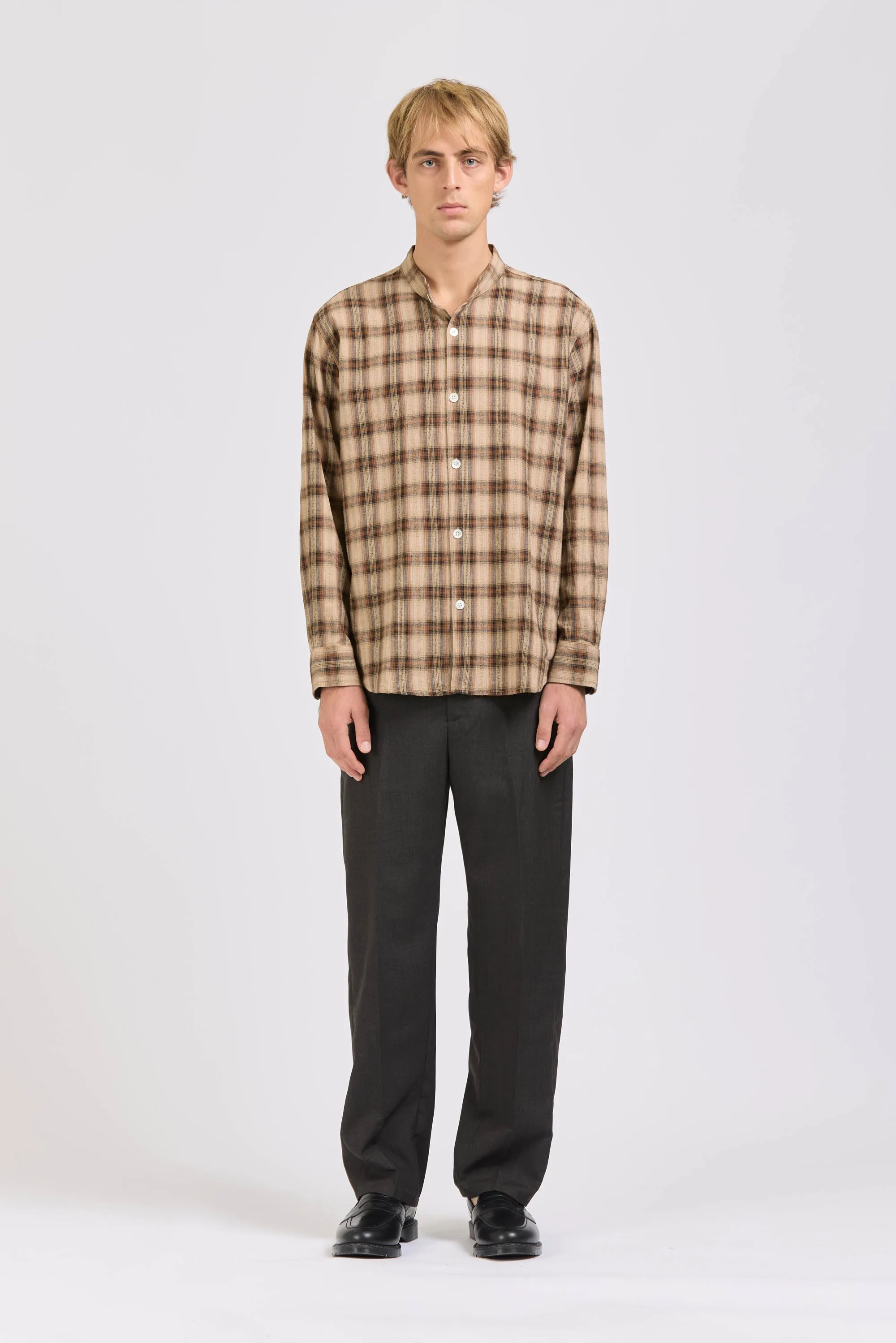 Band Collar Shirt, Dobby Check, Brown sold by Handsom
