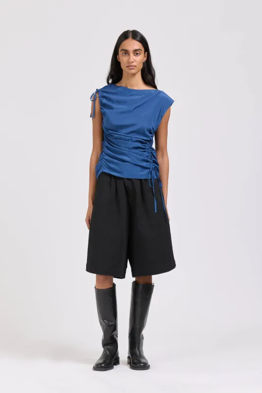 Asymmetric Silk Ruched Top, Teal sold by Handsom