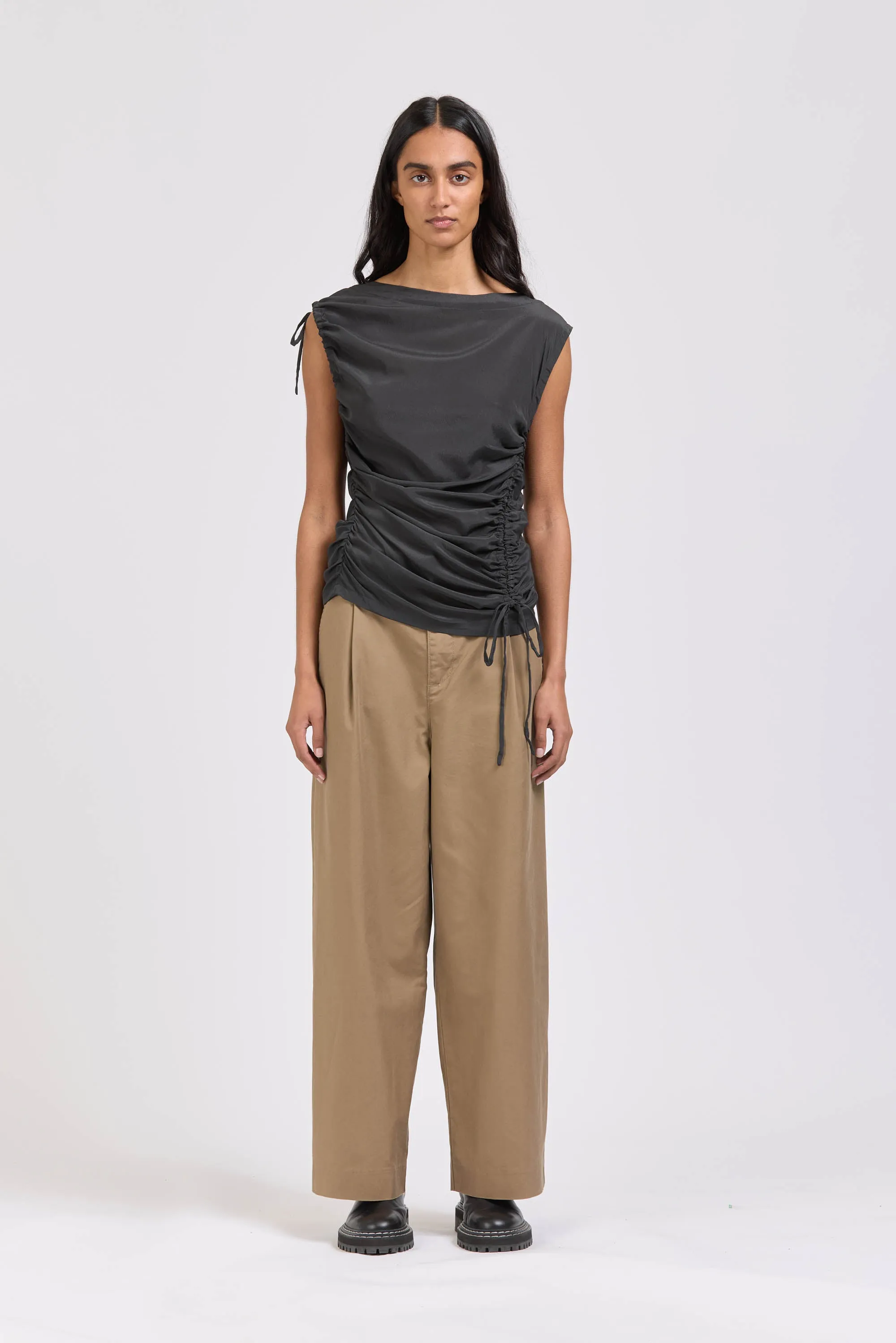 Asymmetric Silk Ruched Top, Asphalt sold by Handsom