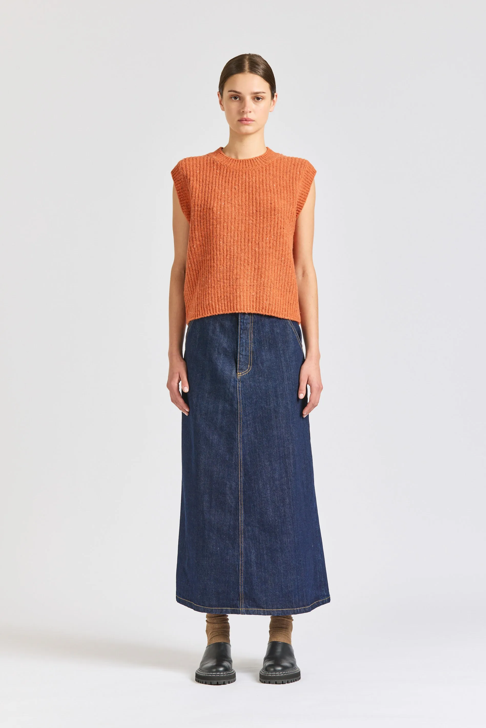 Crofter Crew Vest, Tangerine sold by Handsom