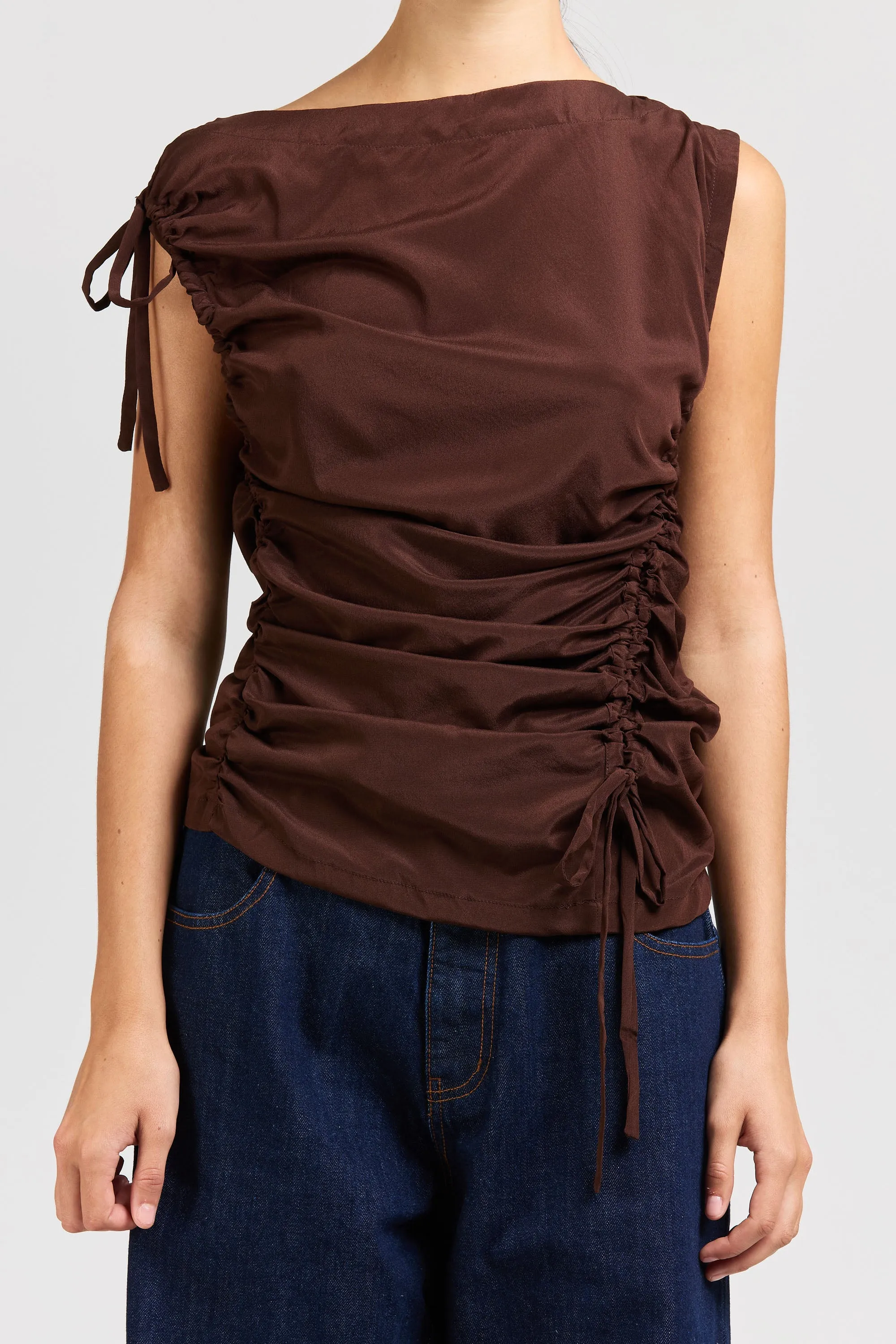 Asymmetric Silk Ruched Top, Espresso sold by Handsom product image thumbnail 2