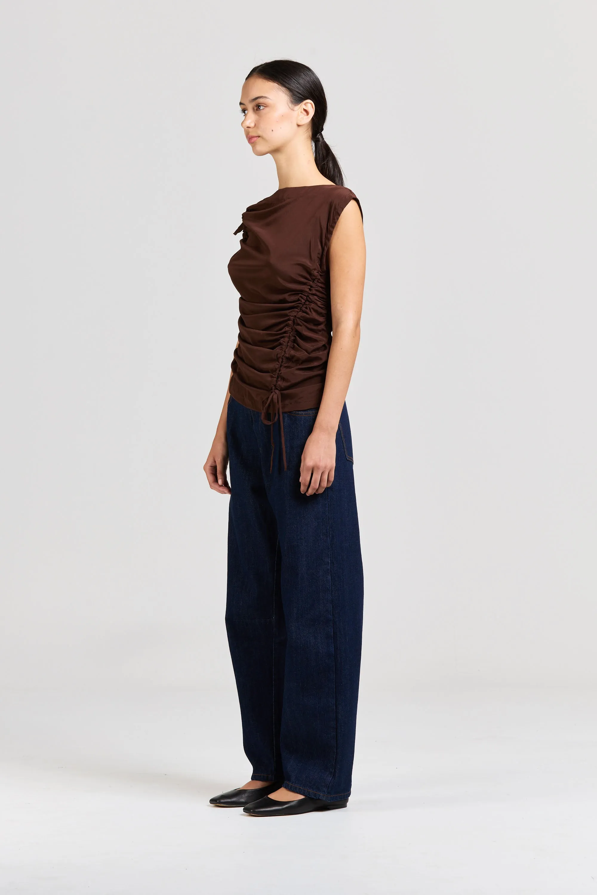 Asymmetric Silk Ruched Top, Espresso sold by Handsom product image thumbnail 3