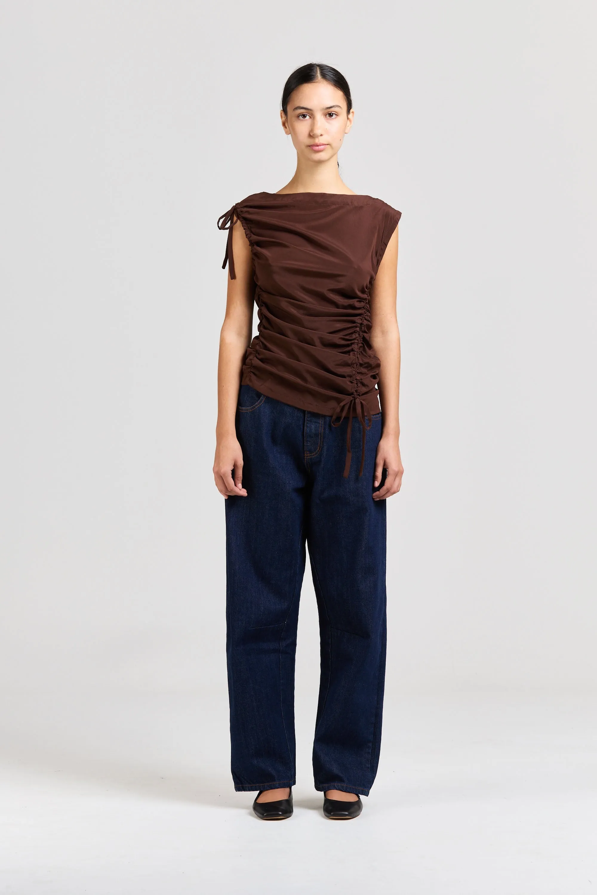 Asymmetric Silk Ruched Top, Espresso sold by Handsom