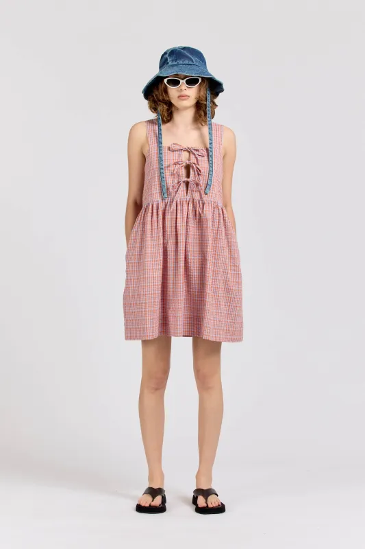 Tie Dress Mini, Seersucker Check, Orange Lilac sold by Handsom
