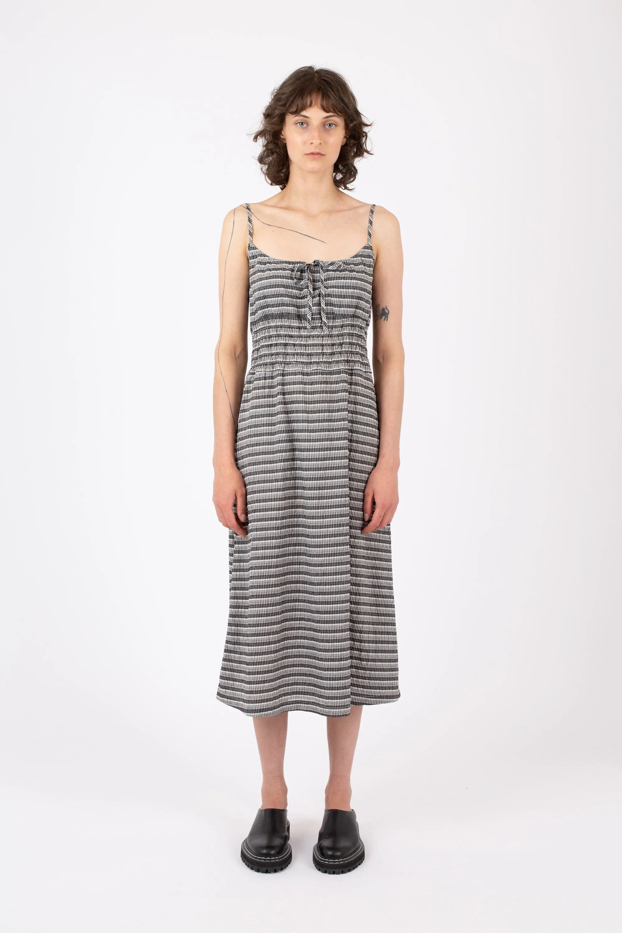 Percy Midi Dress, Check Stripe, Black sold by Handsom