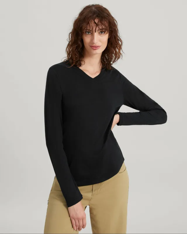 Women's 100% Merino Long Sleeve V-Top - Black sold by Kathmandu Outdoor