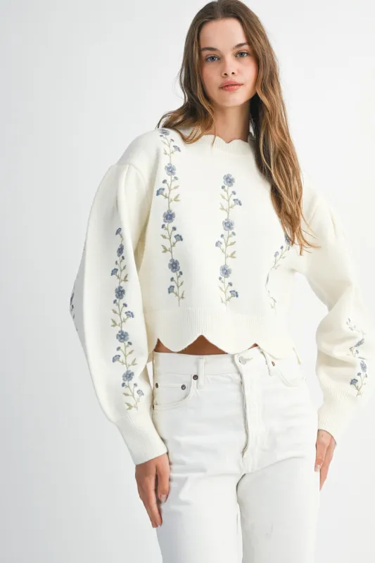 AMORA EMBROIDERED SCALLOP DETAIL KNIT TOP made by MABLE