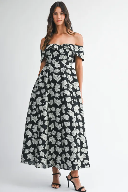 CELIA FLOWER JACQUARD OFF SHOULDER MAXI DRESS sold by MABLE