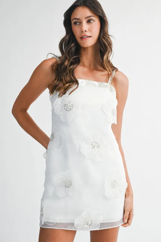 YENI FLOWER APPLIQUE RHINSTONE TRIM MINI DRESS made by MABLE