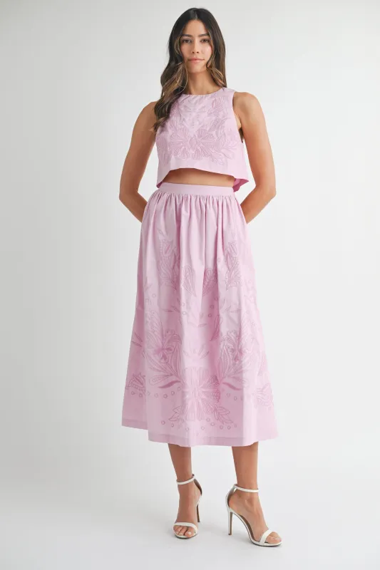 LILOU EMBROIDERED CROP TOP AND MIDI SKIRT SET made by MABLE