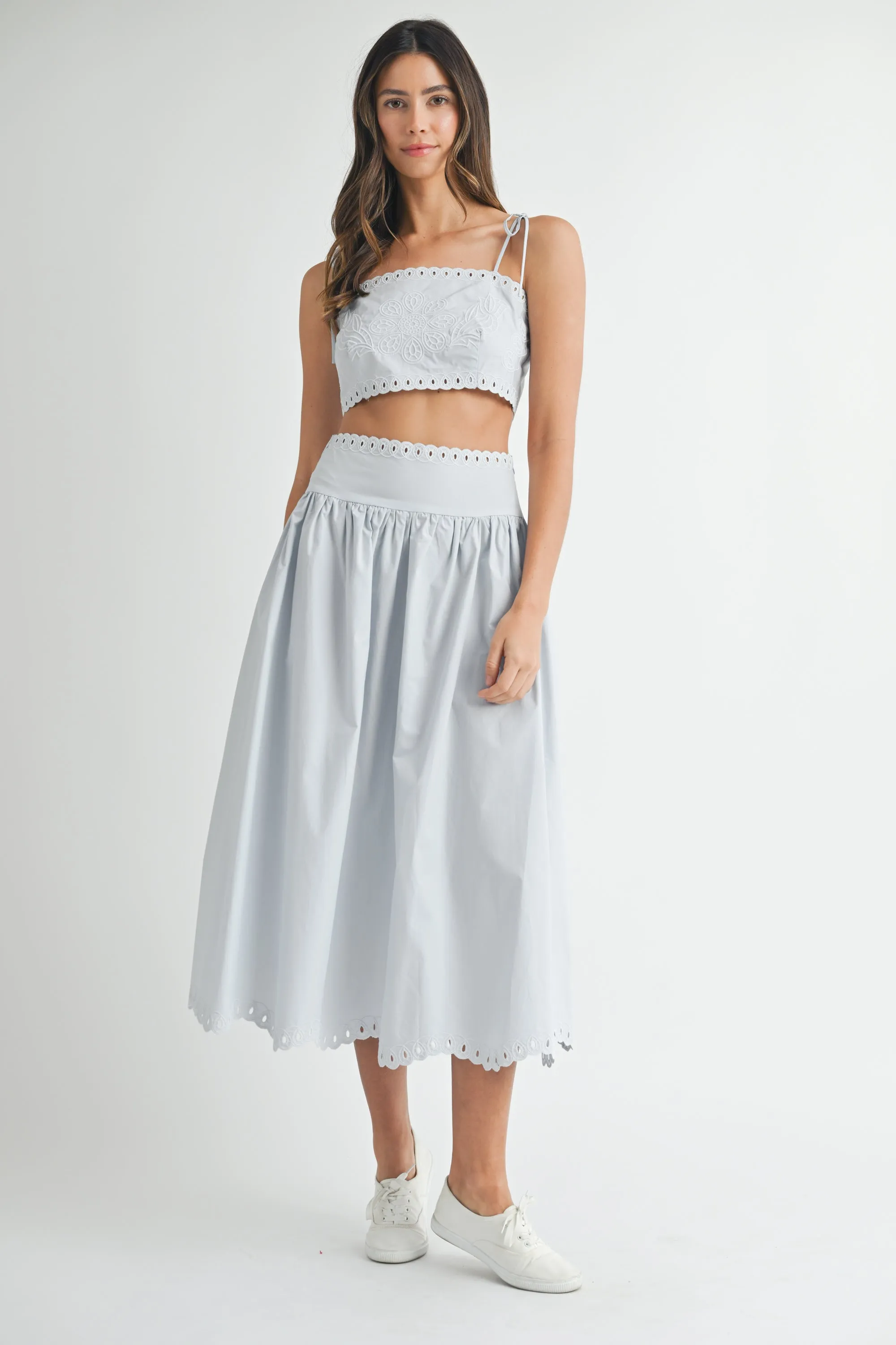 KEYLA EMBROIDERY CROP TOP AND MIDI SKIRT SET sold by MABLE