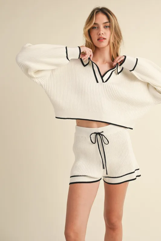 DYLAN V NECK COLLAR KNIT TOP AND SHORT PANTS SET made by MABLE