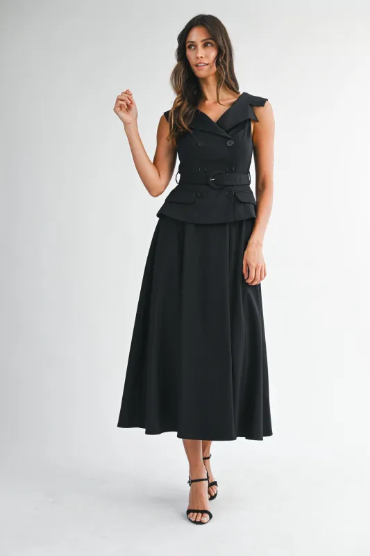 SELAH BOAT NECK DOUBLE BREASTED BODICE MIDI DRESS made by MABLE