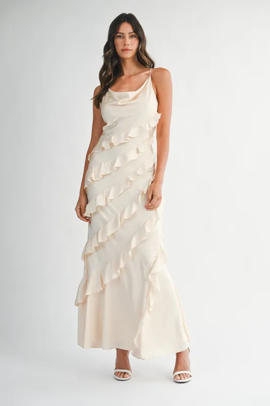 ISABEL SATIN ASYMMETRIC RUFFLE MAXI DRESS made by MABLE