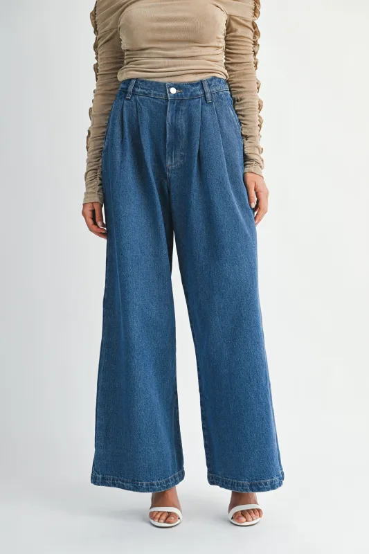 MADDISON DENIM LONG WIDE LEG PANTS made by MABLE