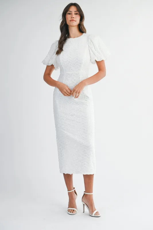 LYRA EMBELLISHED MESH PUFFY MIDI DRESS sold by MABLE