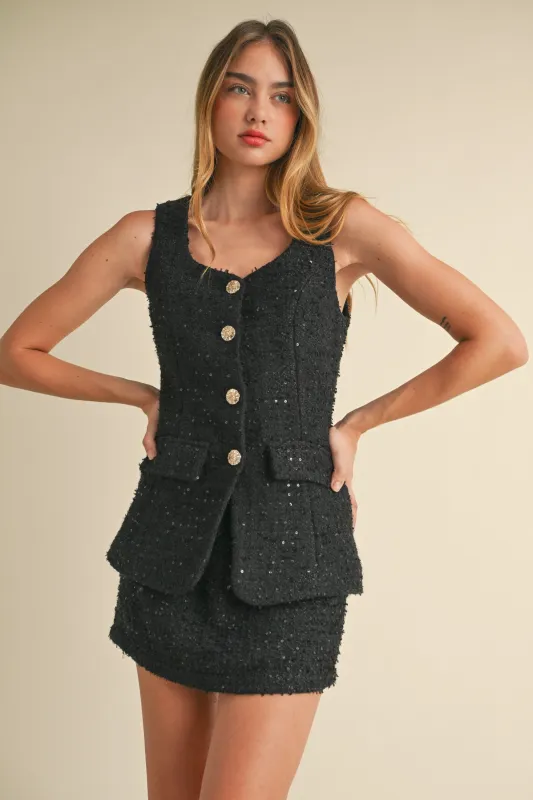 MIRACLE SEQUIN TWEED SLEEVELESS ROMPER made by MABLE