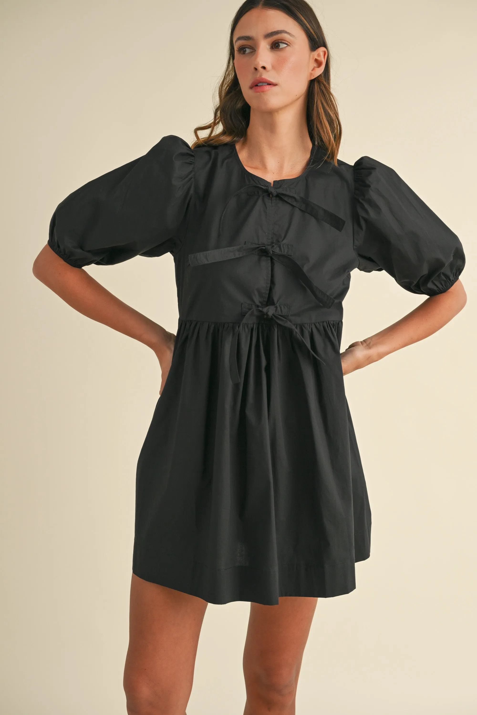 MACY POPLIN BOW DETAIL PUFF SLEEVES MINI DRESS sold by MABLE